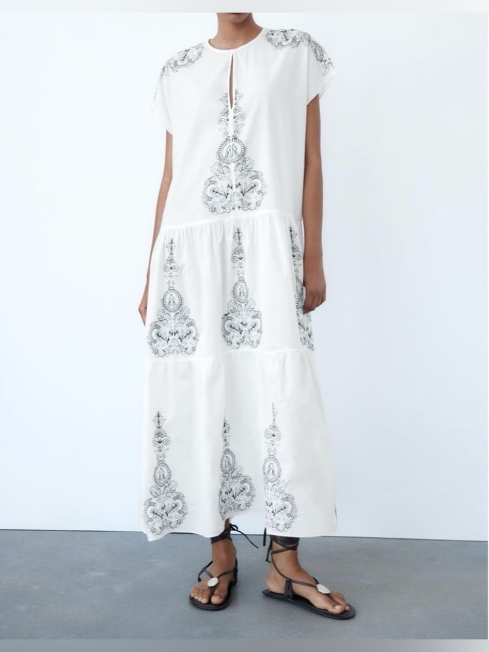 Zara White Embroidered Tiered Maxi Dress Size XS Boho Ctn Blend Midi Dress NWT